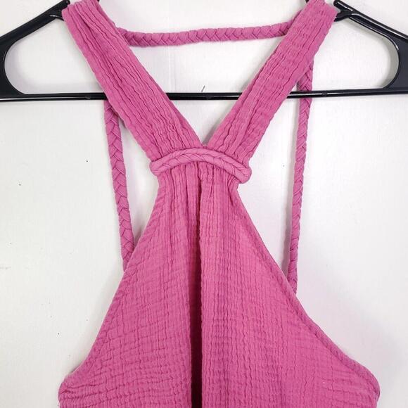 By Anthropologie Dress Womens Large Mini Pink Gauze Textured High Neck Open Back - Picture 3 of 10